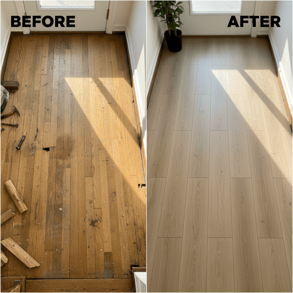 Laminate flooring replacement before and after