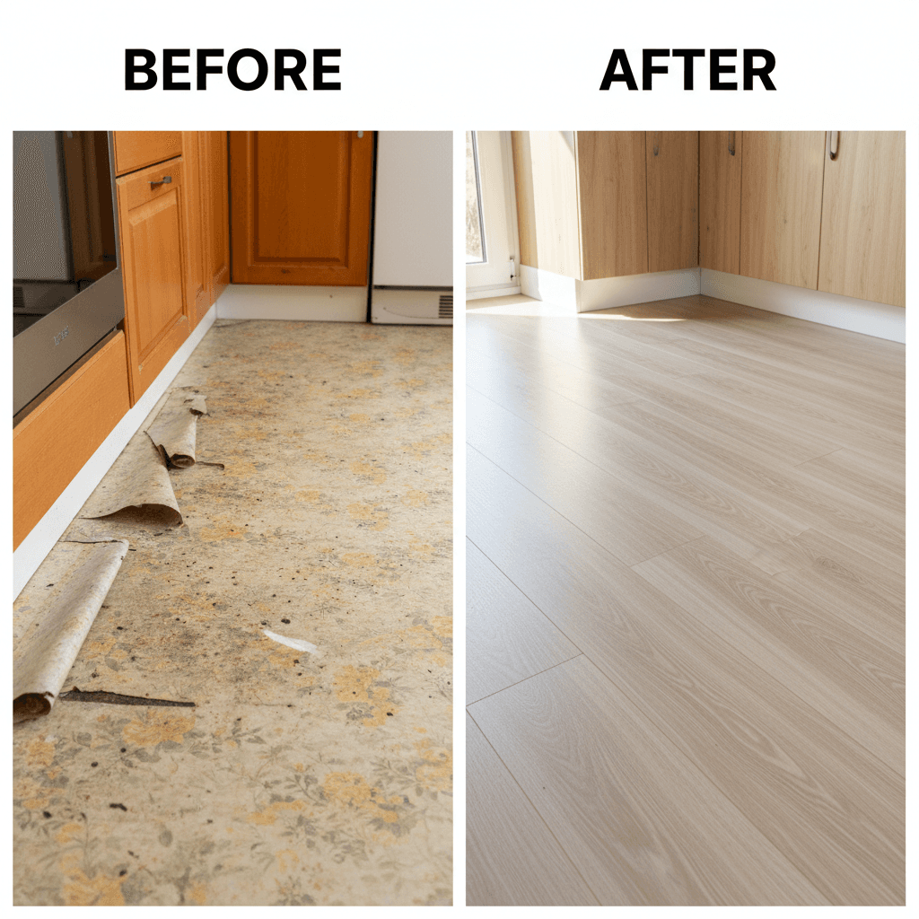 Vinyl flooring replacement in kitchen before and after