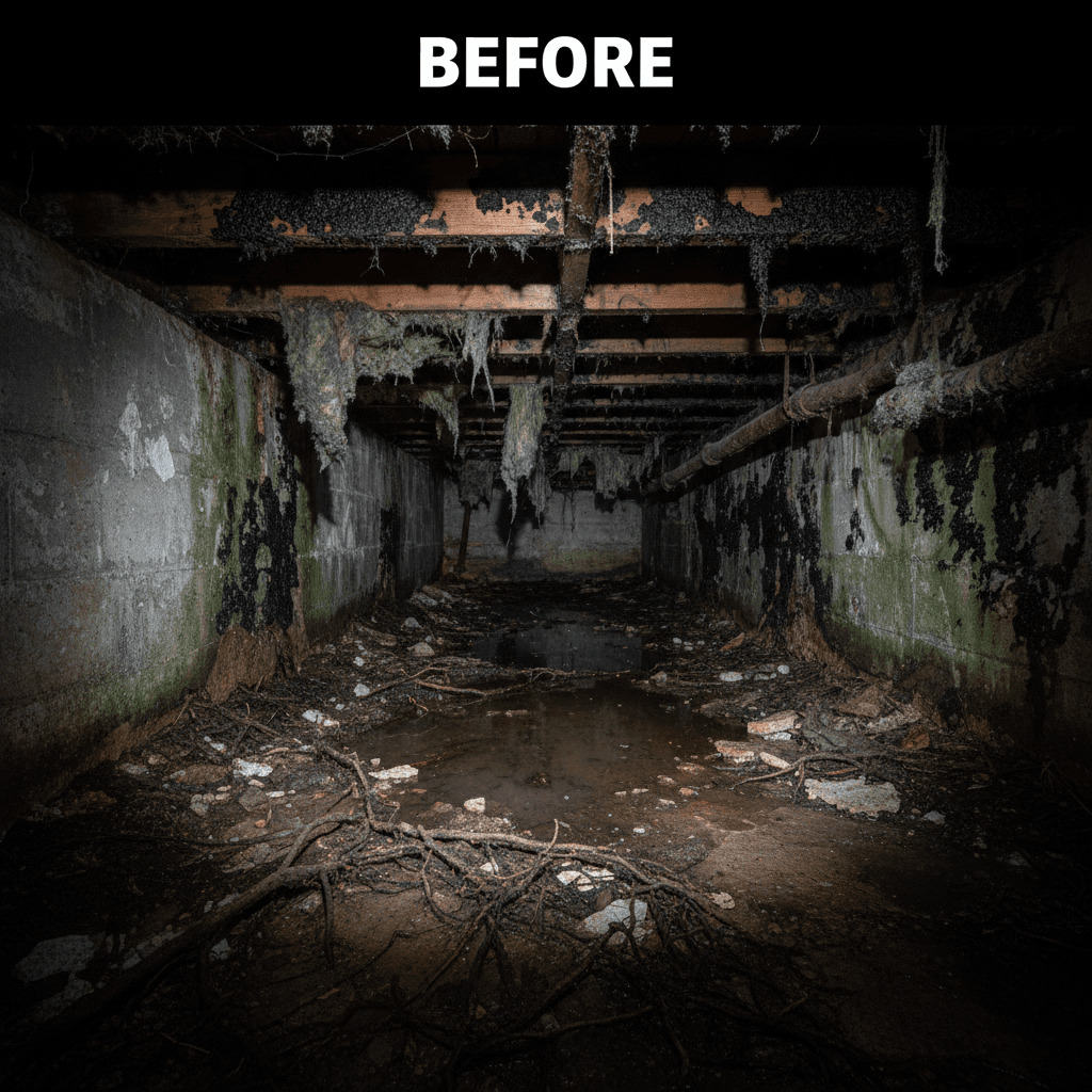 Crawl space mold and water damage restoration before and after